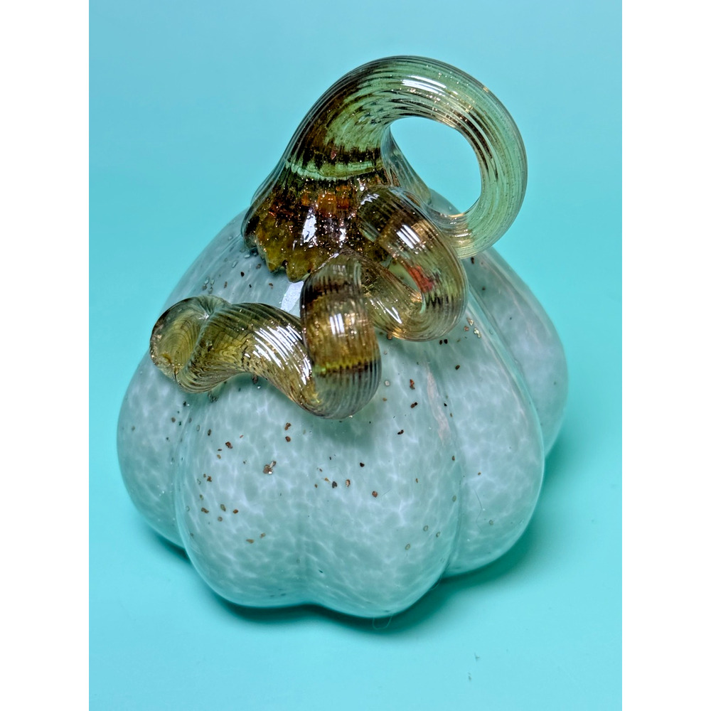 Trio Handblown Art Glass Pumpkins Pastel Pistachio Green Swirl Gold Flecks Stems - Picture 4 of 7